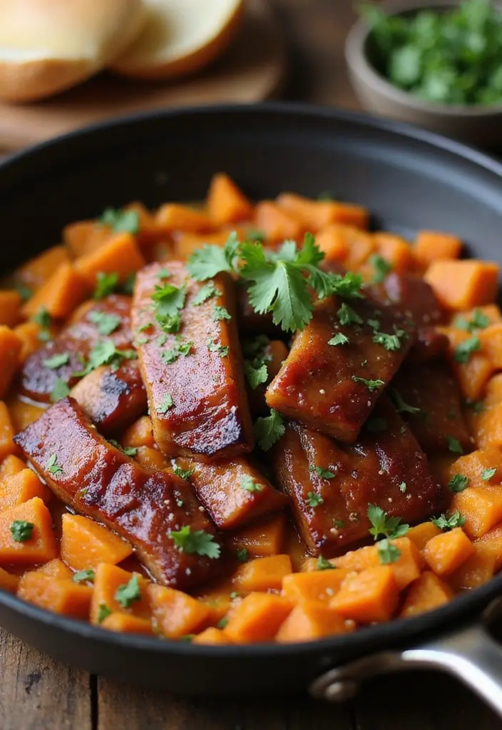 25 BBQ Pork Belly Recipes That Are Smoky and Sweet - 25. BBQ Pork Belly and Sweet Potato Hash