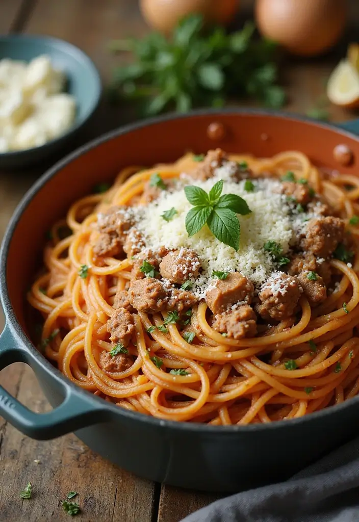 25 Ground Pork Pasta Recipes That Are Cozy and Filling 8 25 Ground Pork Pasta Recipes That Are Cozy and Filling - 2. One-Pot Ground Pork Spaghetti