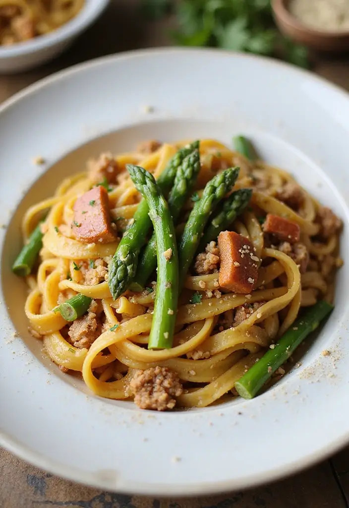 25 Ground Pork Pasta Recipes That Are Cozy and Filling 167 25 Ground Pork Pasta Recipes That Are Cozy and Filling - 25. Ground Pork and Asparagus Pasta