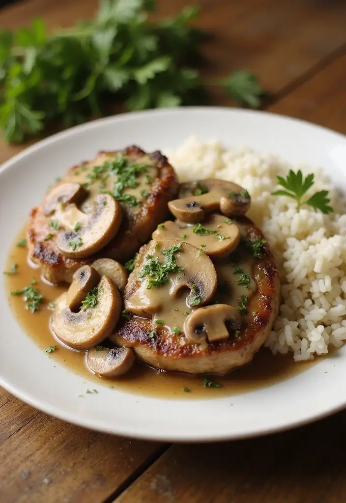 25 Pork Chop and Rice Recipes That Feel Like Comfort Food 1 25 Pork Chop and Rice Recipes That Feel Like Comfort Food - 1. Creamy Mushroom Pork Chops with Garlic Rice