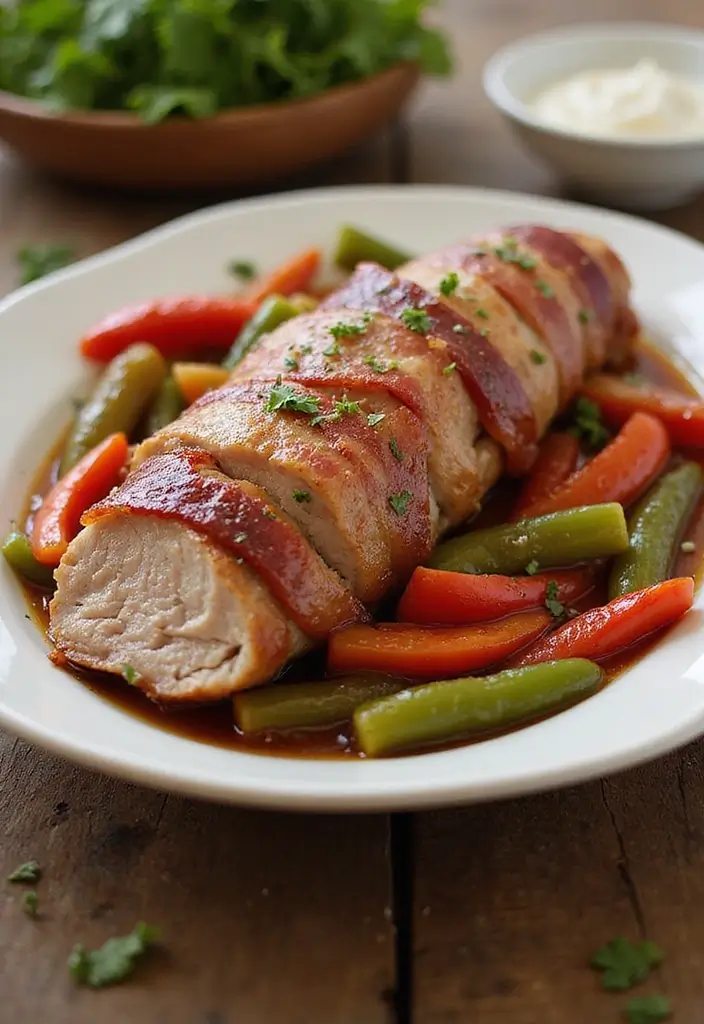 28 Bacon Wrapped Pork Tenderloin Recipes That Impress Every Guest 87 28 Bacon Wrapped Pork Tenderloin Recipes That Impress Every Guest - 15. Bacon-Wrapped Pork Tenderloin with Peppers and Onions