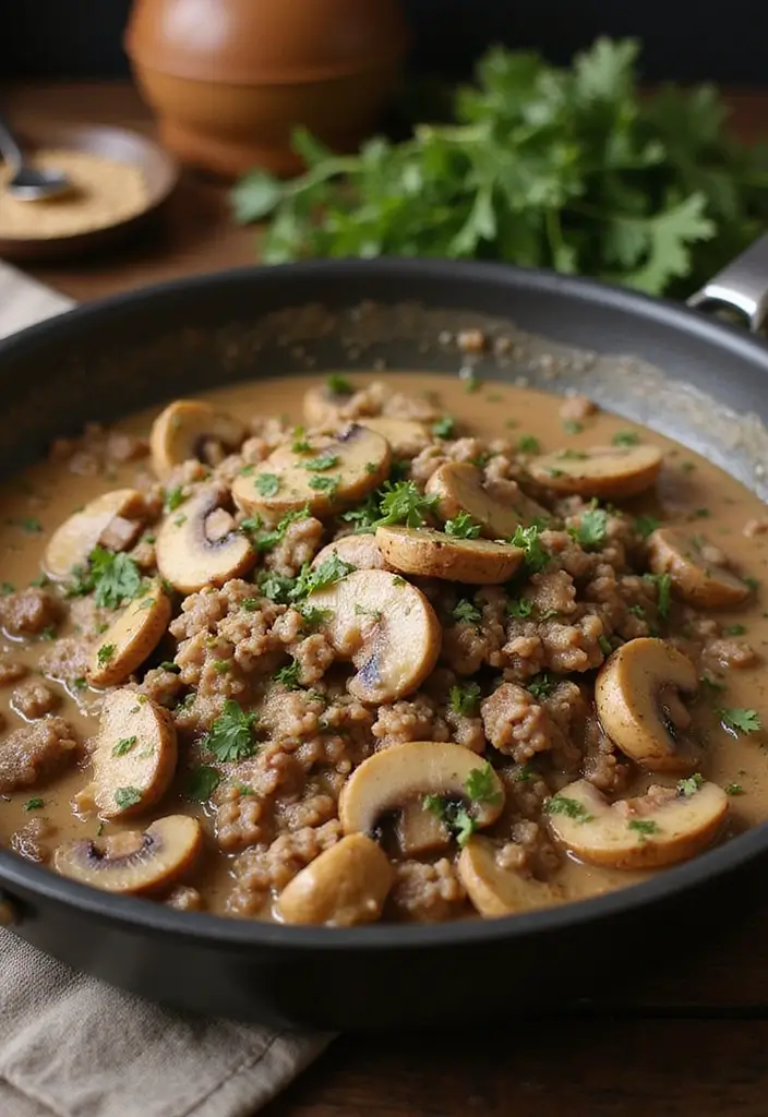 30 Keto Ground Pork Recipes That Are Low Carb and Satisfying - 14. Pork and Mushroom Skillet with Creamy Sauce