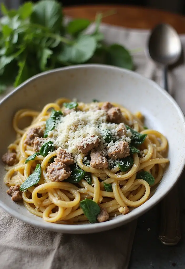 30 Keto Ground Pork Recipes That Are Low Carb and Satisfying - 19. Creamy Spinach and Pork Pasta