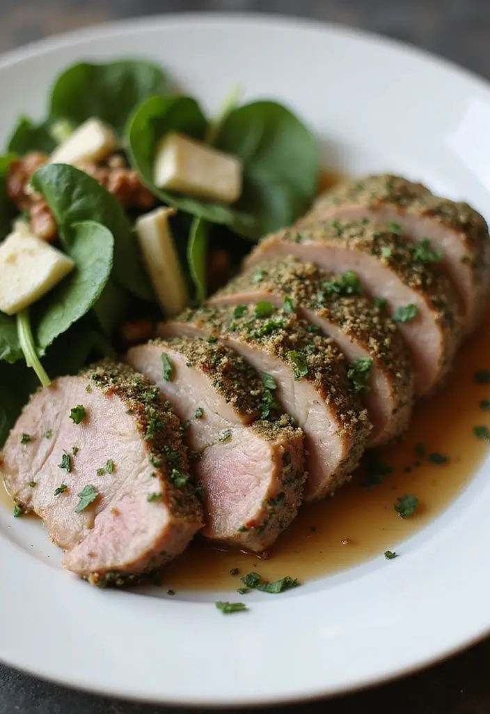 30 Recipes with Pork Tenderloin That Are Easy and Elegant 144 30 Recipes with Pork Tenderloin That Are Easy and Elegant - 22. Herb Crusted Pork Tenderloin with Spinach Salad